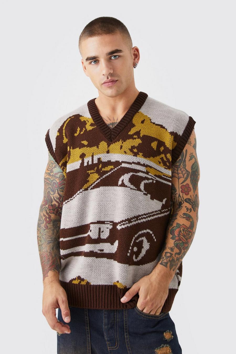 Brown Graphic Scenic Knitted Vest