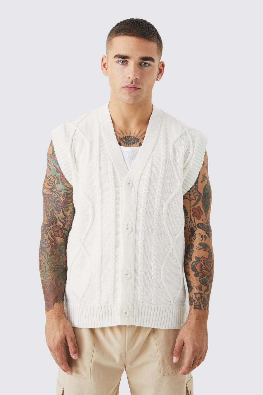Ecru white Boxy Cable Knitted Button Up Vest