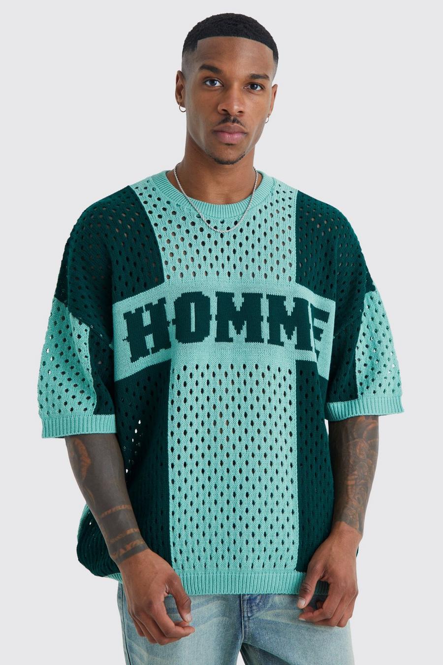Green Homme Striped Open Knit T-shirt