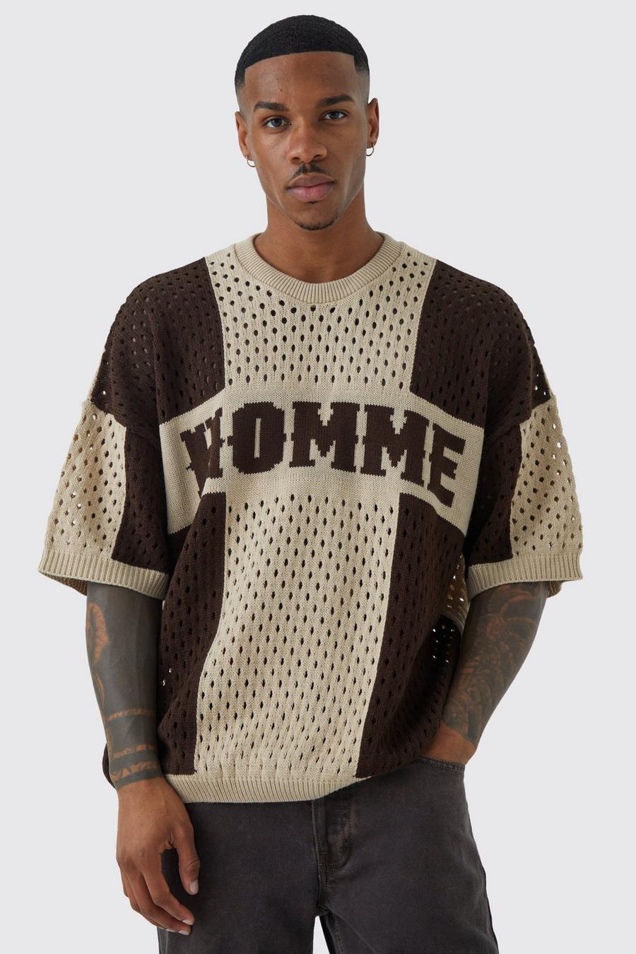 Brown marrón Homme Striped Open Knit T-shirt