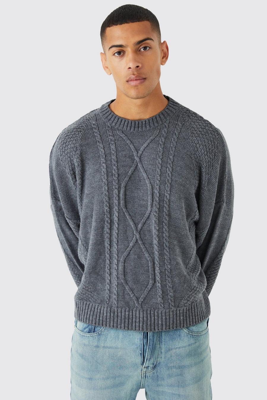 Maglione squadrato in maglia intrecciata, Grey gris