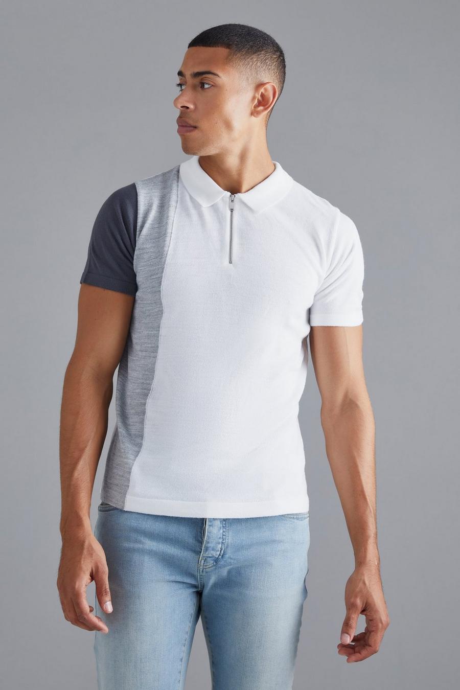 Kurzärmliges Colorblock Strick-Poloshirt mit halbem Reißverschluss, Grey grau