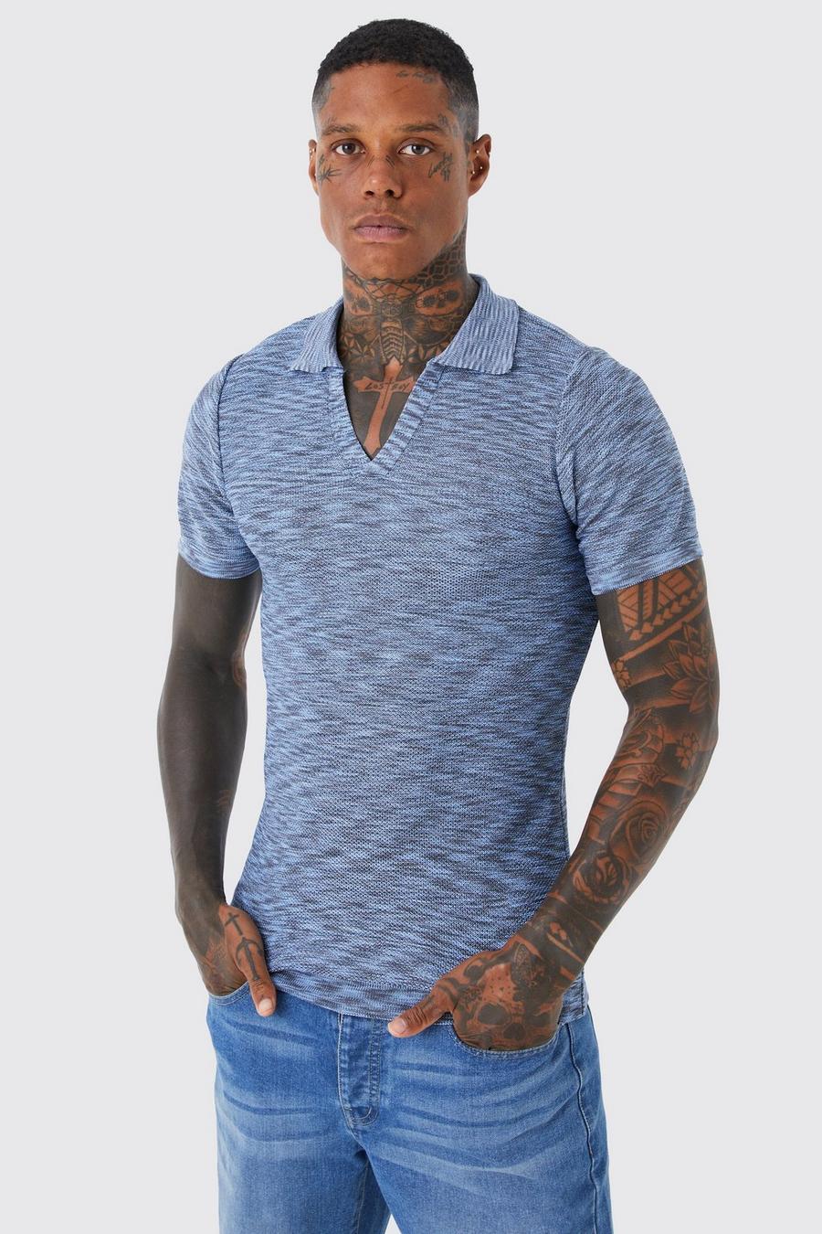 Blue Short Sleeve Space Dye Open Collar Knit Polo image number 1