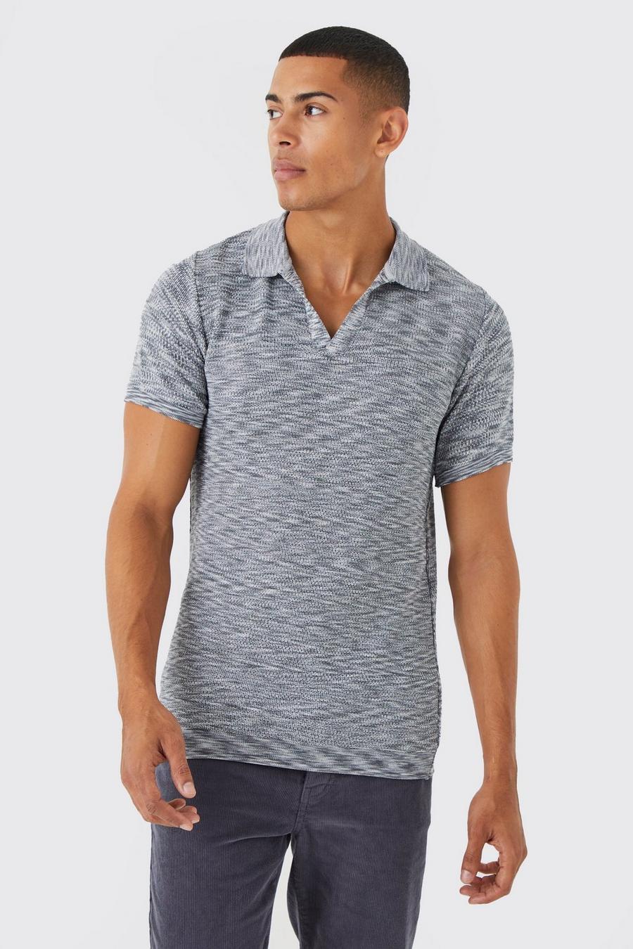 Grey Short Sleeve Space Dye Open Collar Knit Polo image number 1