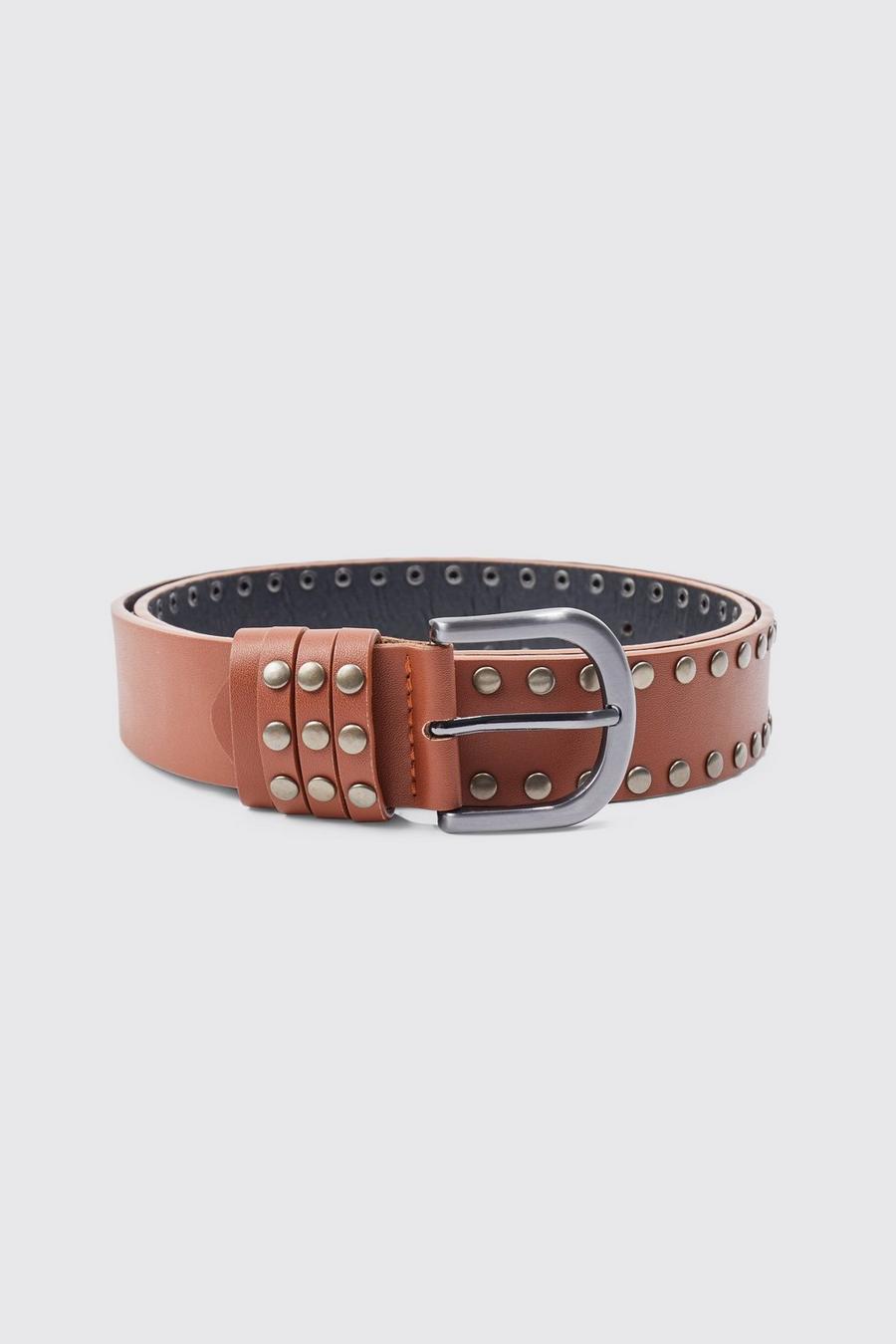 Brown marrone Studded Faux Leather Belt 
