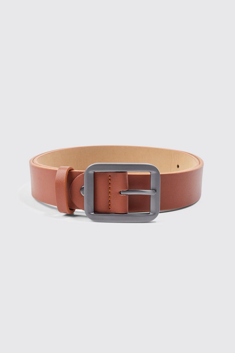 Brown Square Buckle Faux Leather Belt 