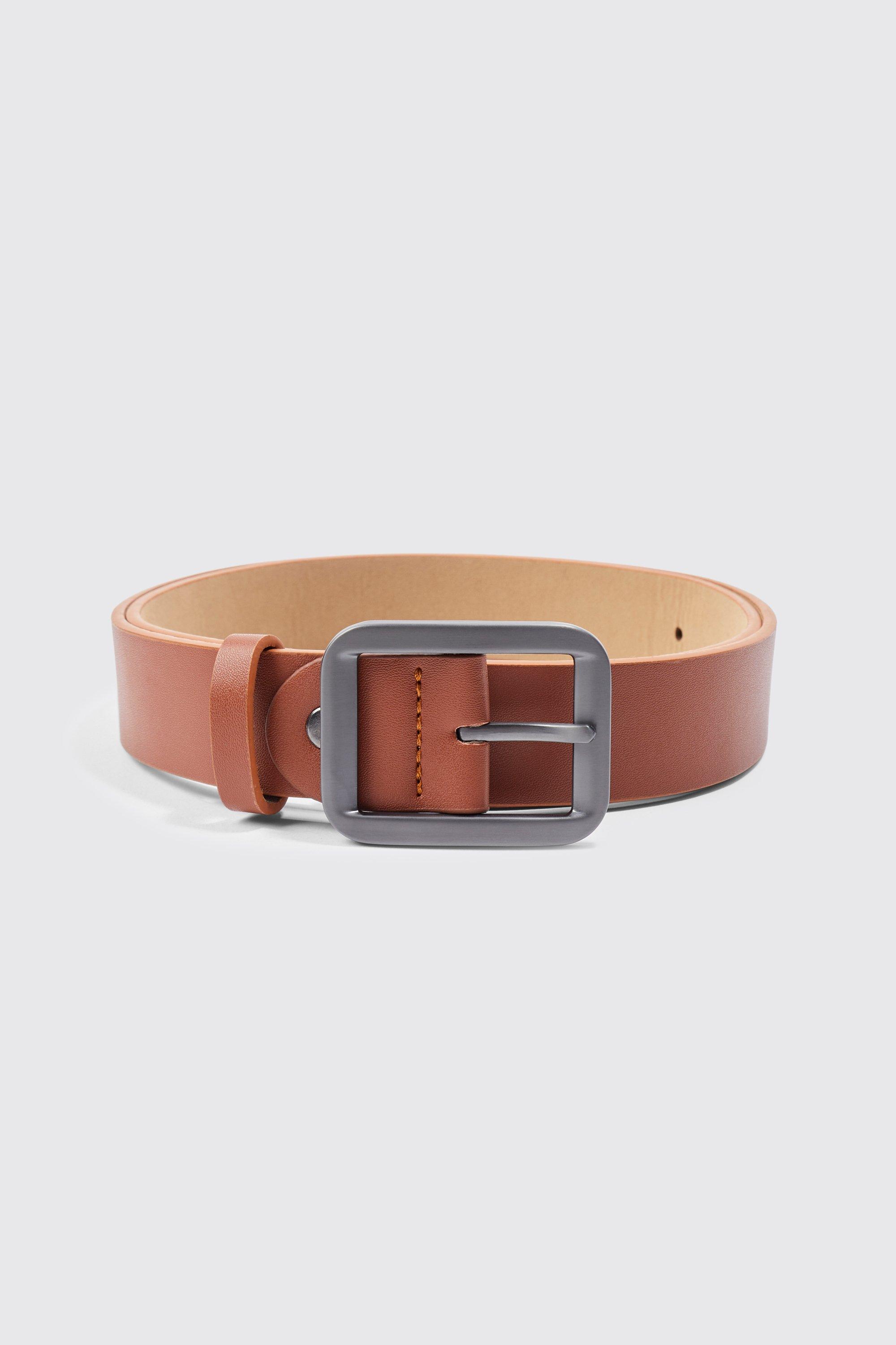 LEATHER BELT WITH SQUARE BUCKLE - Brown