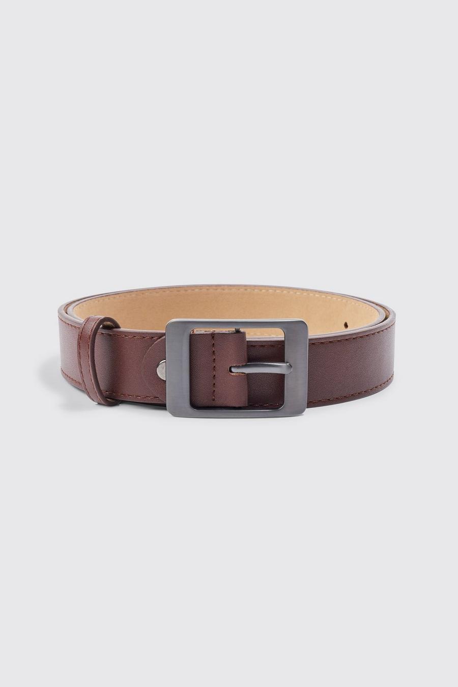 Cinturón de cuero sintético con hebilla plateada, Dark brown image number 1