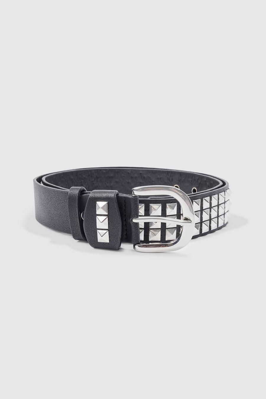 Black Studded Faux Leather Textured Belt 