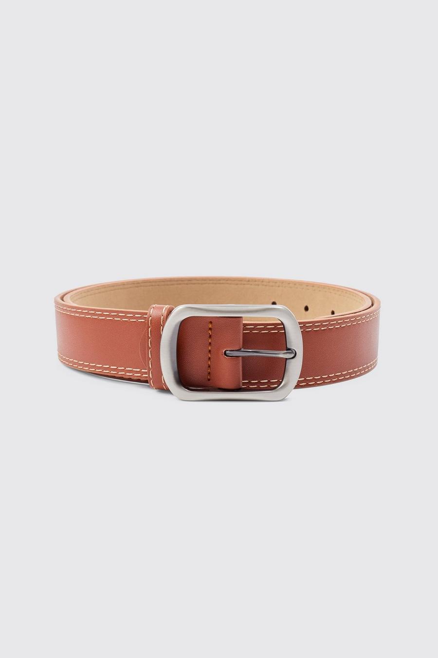 Cinturón de cuero sintético con detalle de costuras, Brown marrón