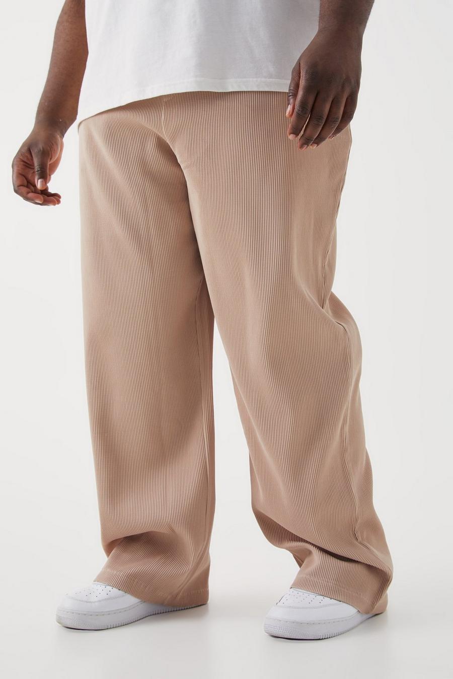 Taupe Plus Elastic Waist Relaxed Fit Split Hem Pleated Trouser image number 1