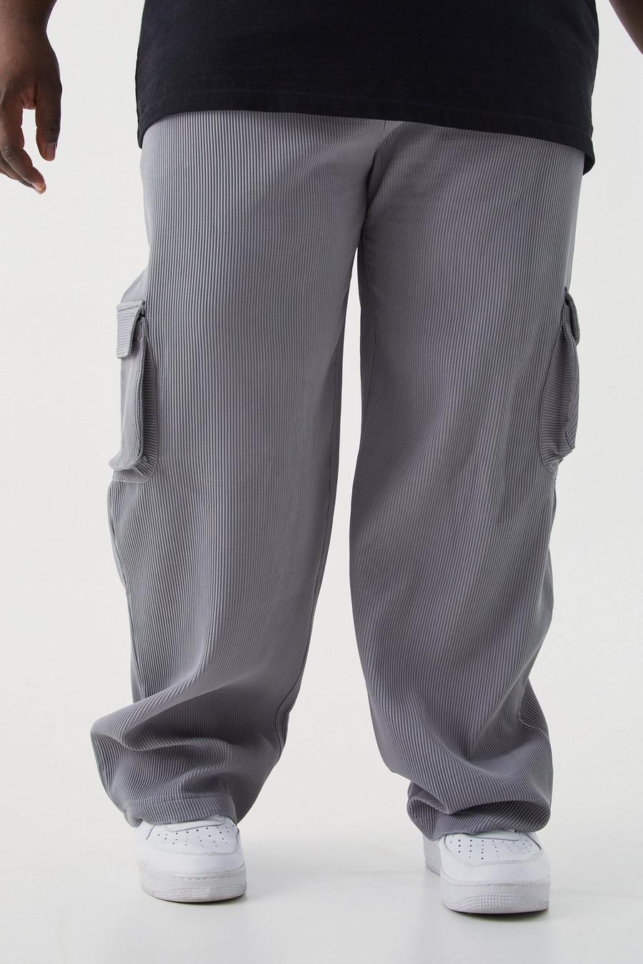 Charcoal grey Plus Elastic Waist Relaxed Fit Cargo Pleated Trouser