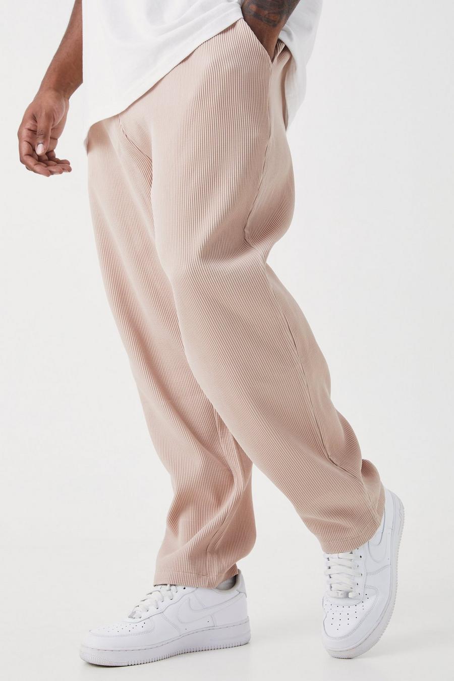 Taupe beige Plus Elastic Waist Tapered Fit Pleated Trouser