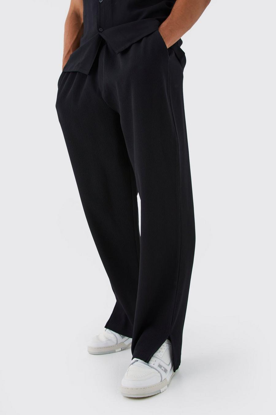 Pantalón holgado plisado con abertura en el bajo y cintura elástica, Black