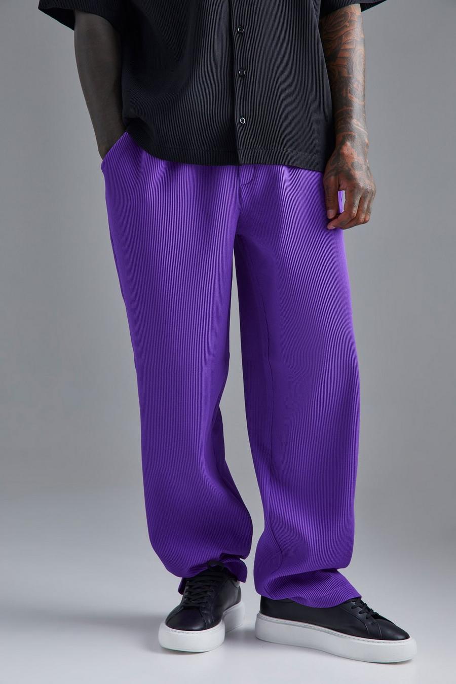 Purple Elastic Waist Relaxed Fit Pleated Pants image number 1