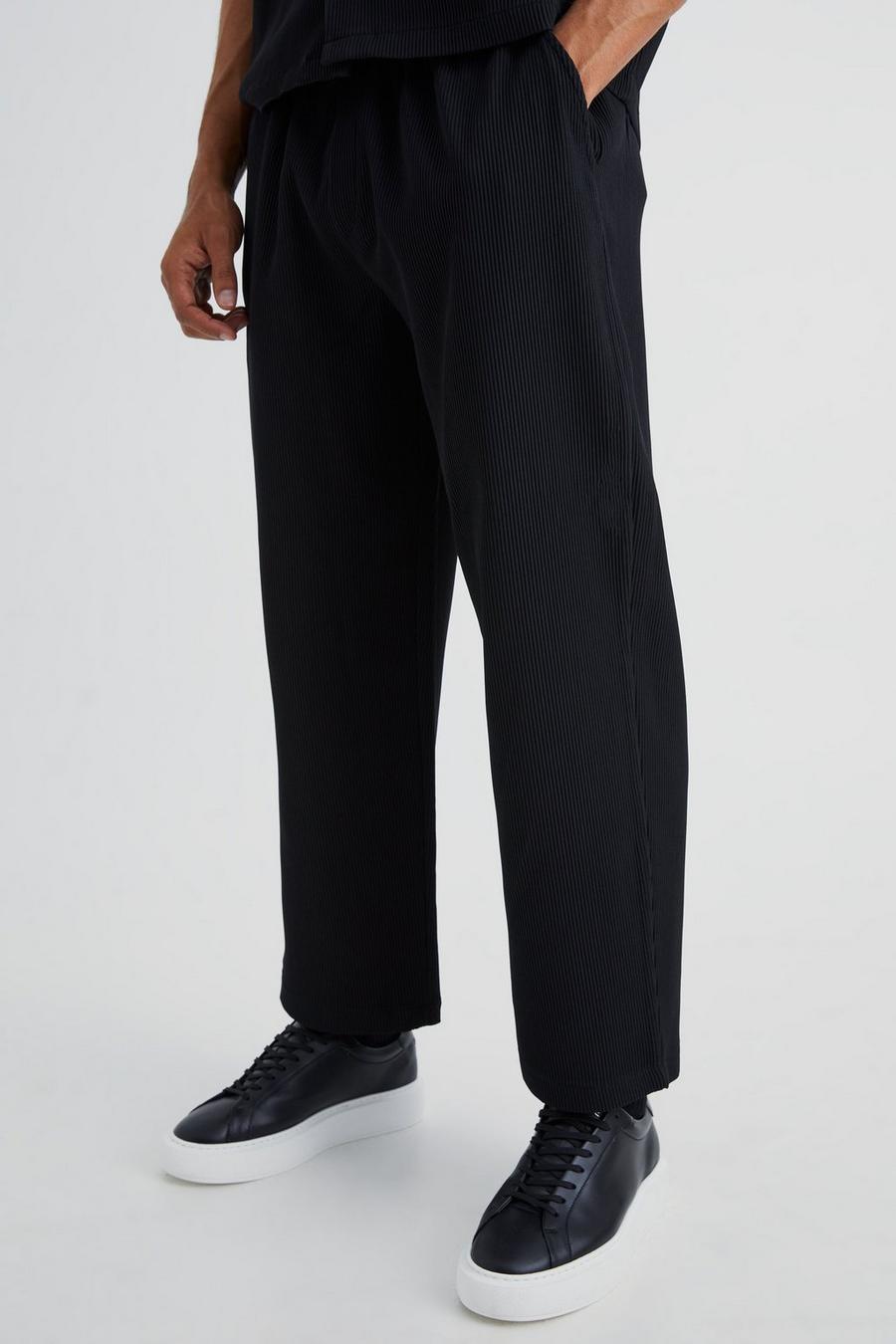 Black Elasticated Waist Relaxed Fit Cropped Pleated Trouser