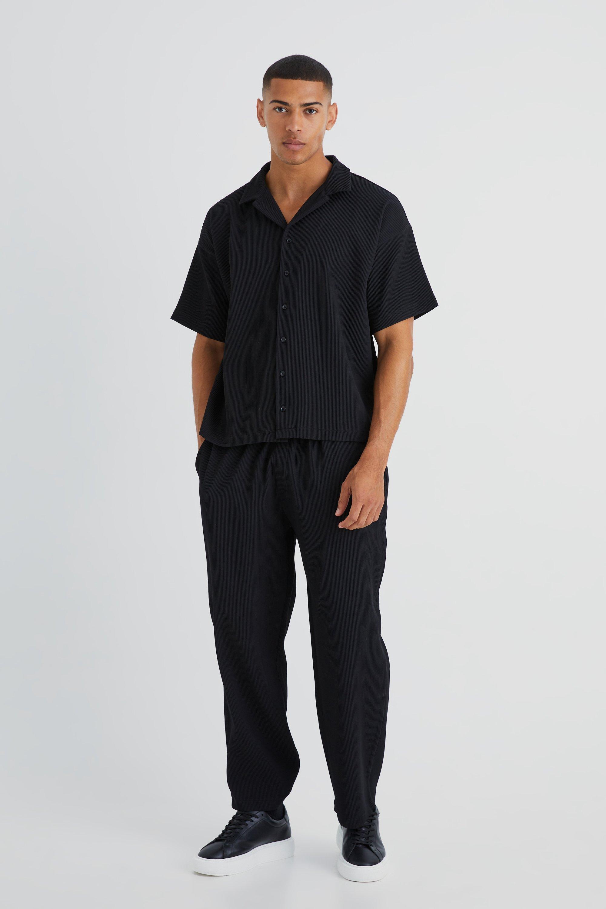 Relaxed Fit Pleated Polo Shirt - Black - Men