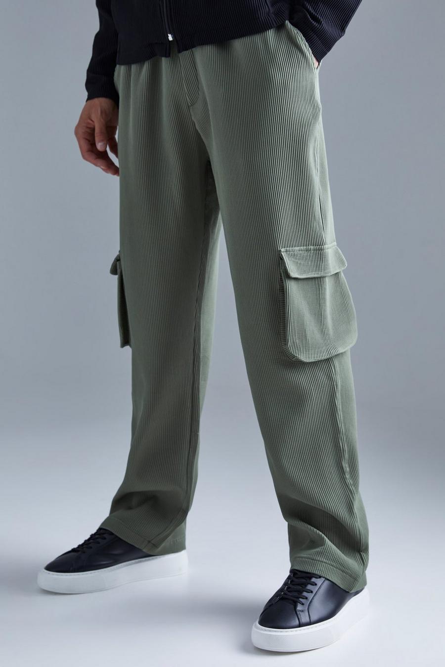 Olive green Elastic Waist Relaxed Fit Cargo Pleated Trouser