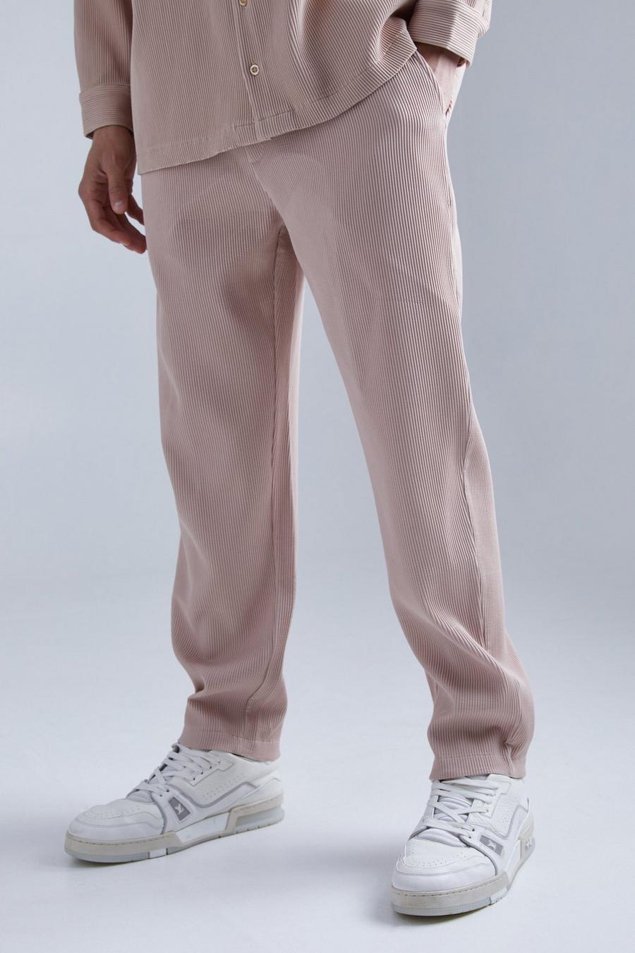 Taupe beige Elastic Waist Tapered Fit Pleated Trouser