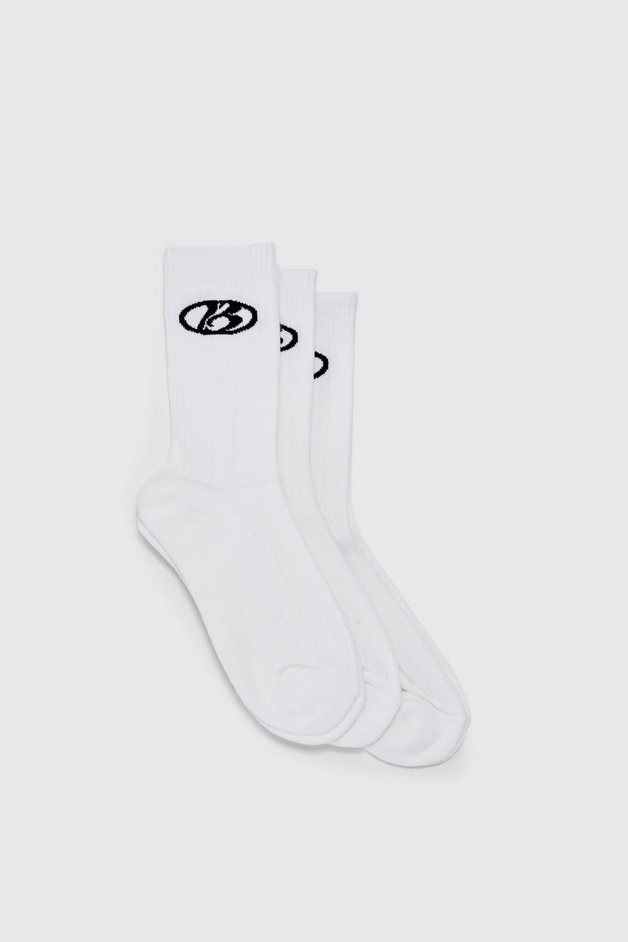 White 3 Pack B Logo Sports Socks