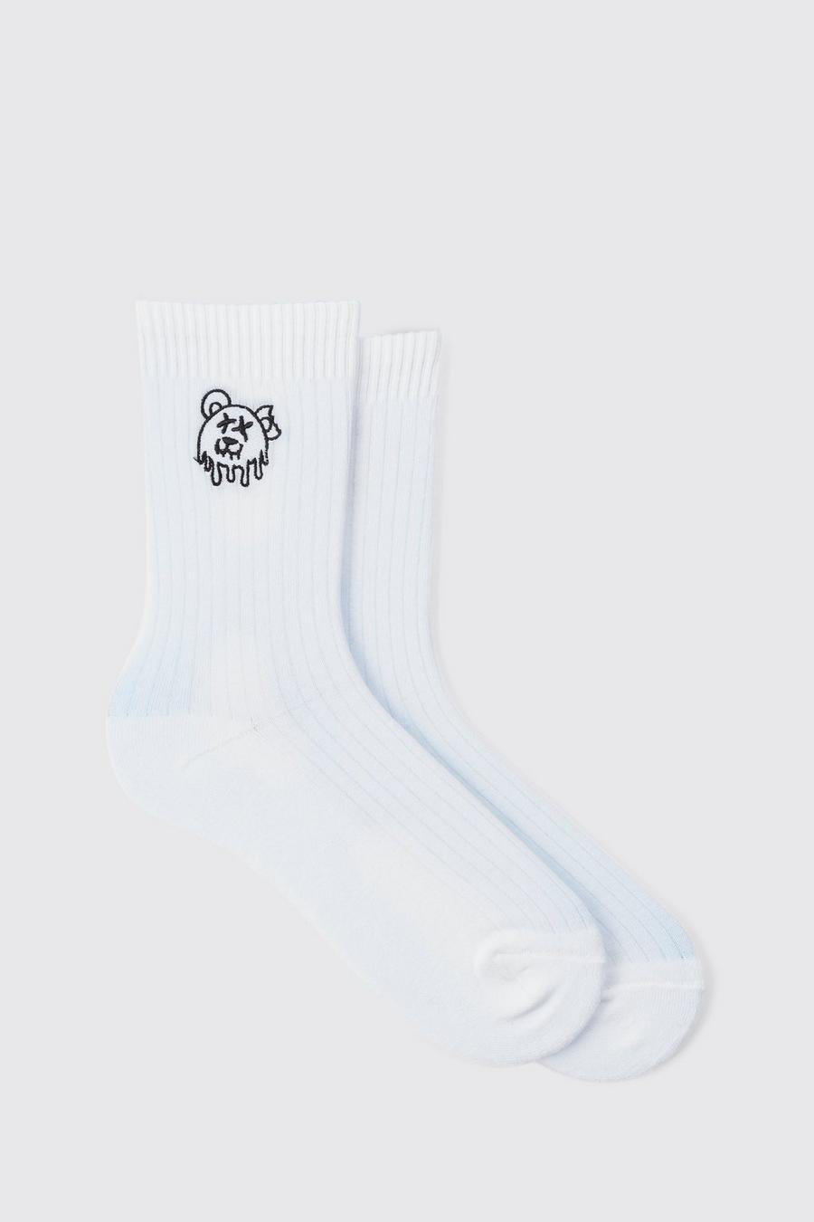 White Teddy Logo Embroidered Socks