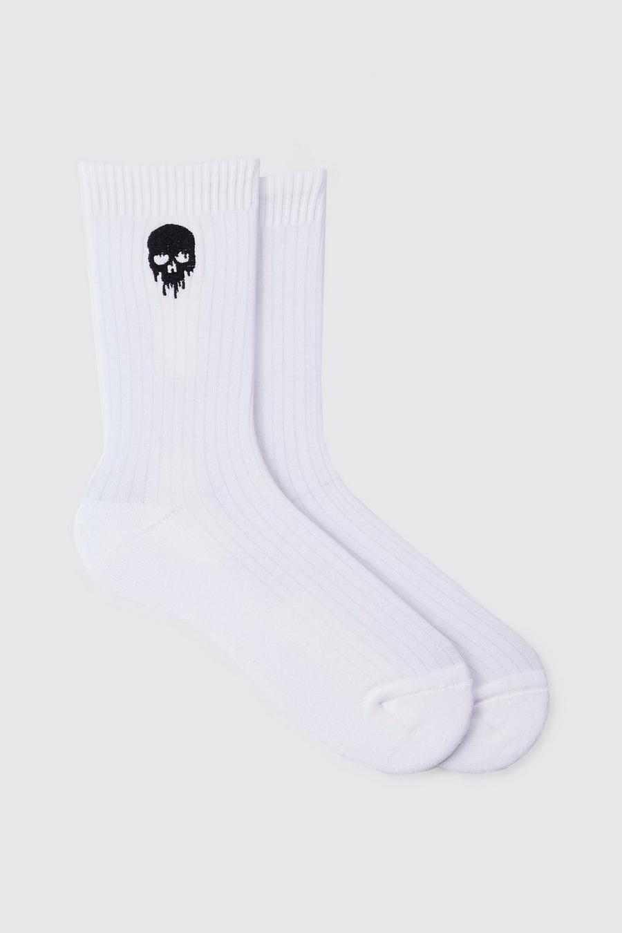 White blanc Skull Embroidered Sports Socks