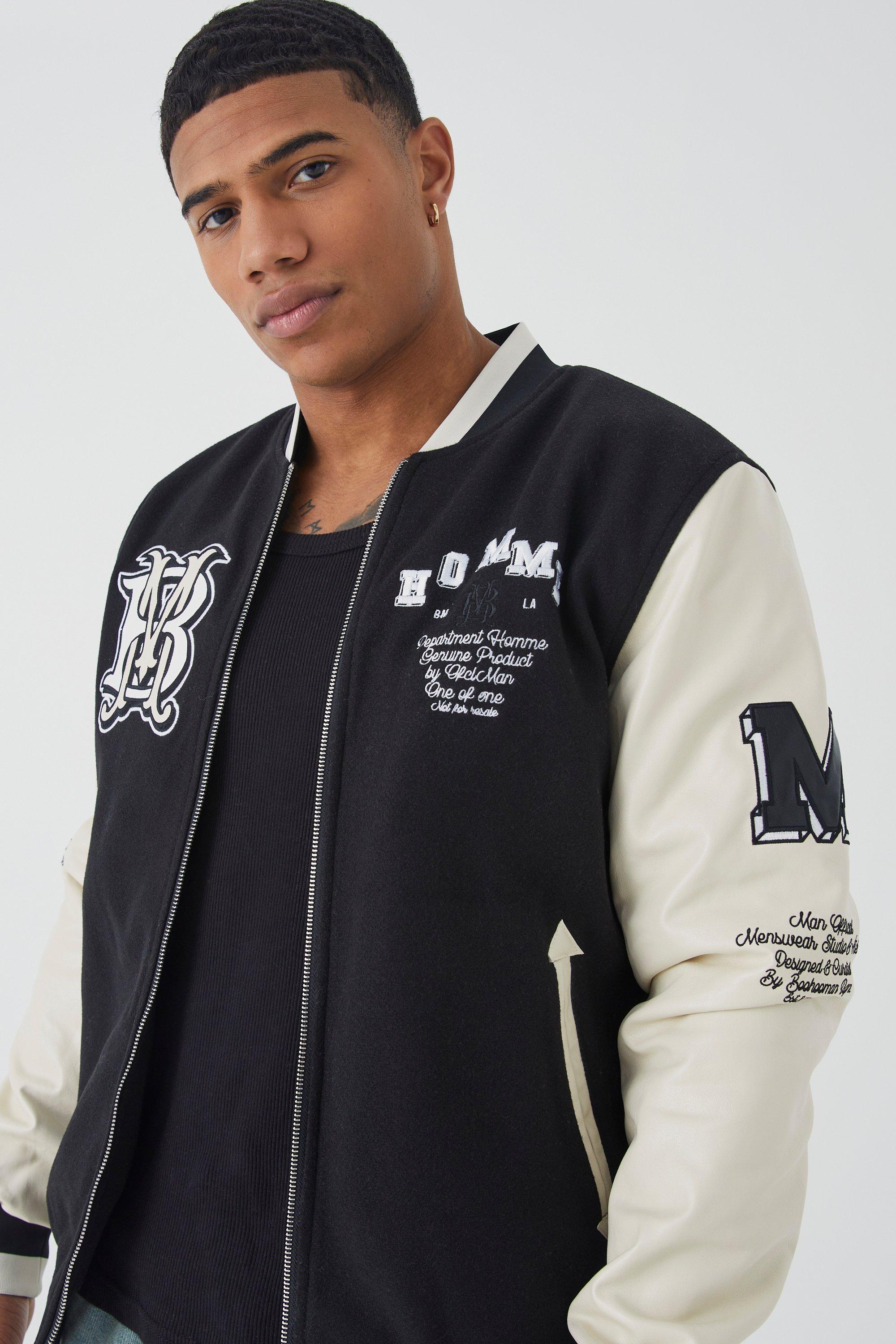 Tall Pour Homme Varsity Jacket With Pu Sleeves