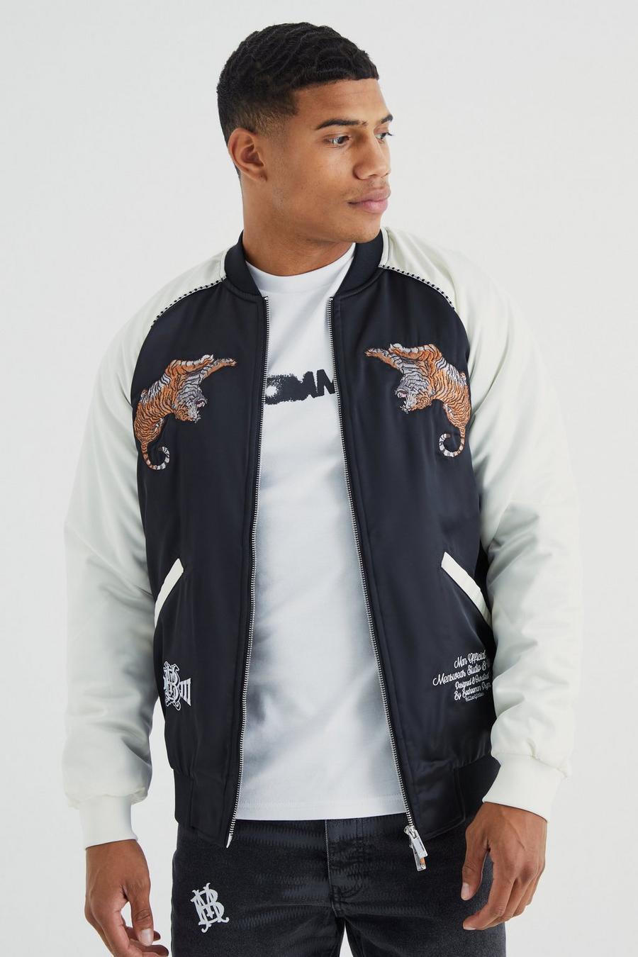 Grey Regular Satin Souvenir Bomber With Embroidery image number 1