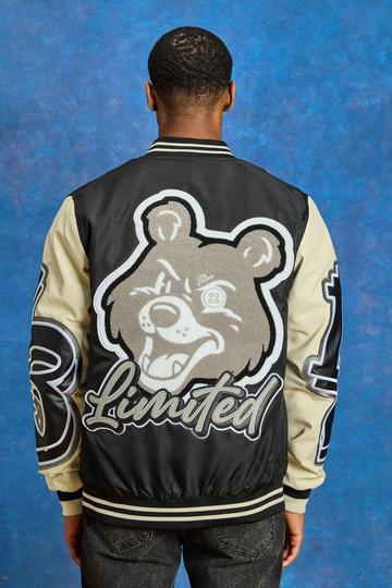 Black Regular Nylon And Pu Teddy Badge Varsity