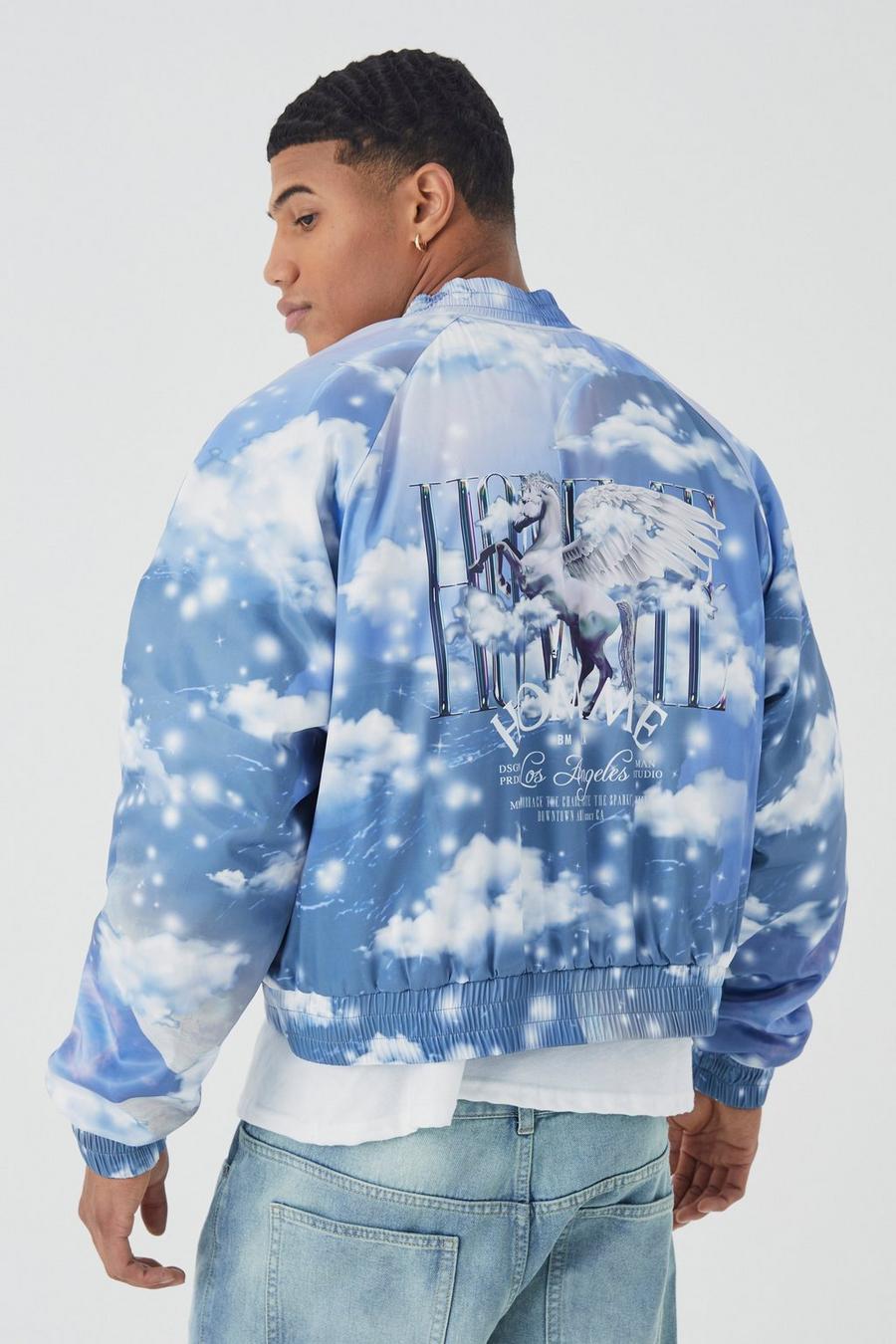 Grey Boxy Cloud Print Satin Bomber With Embroidery