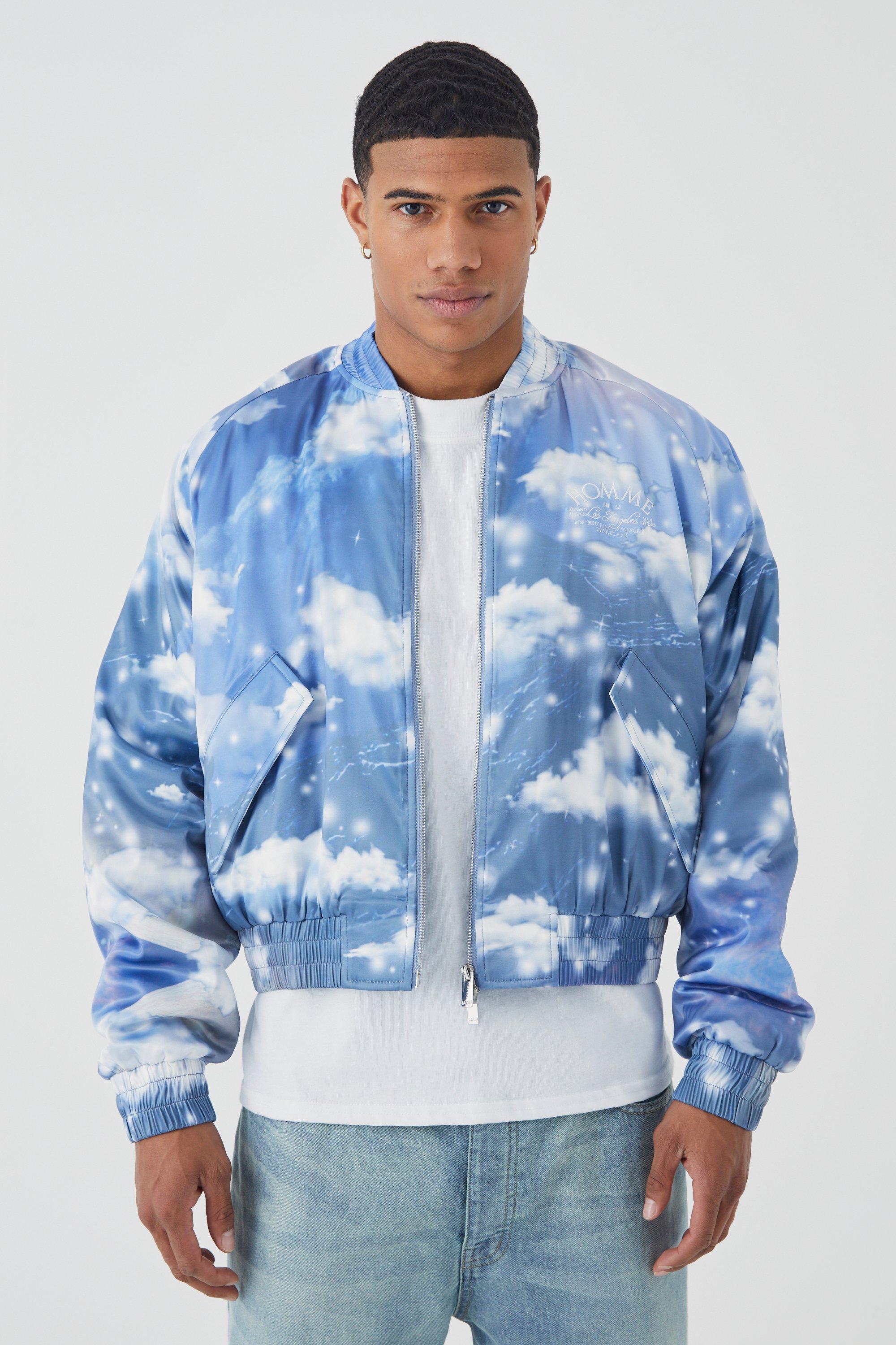 Boxy Cloud Print Satin Bomber With Embroidery boohoo