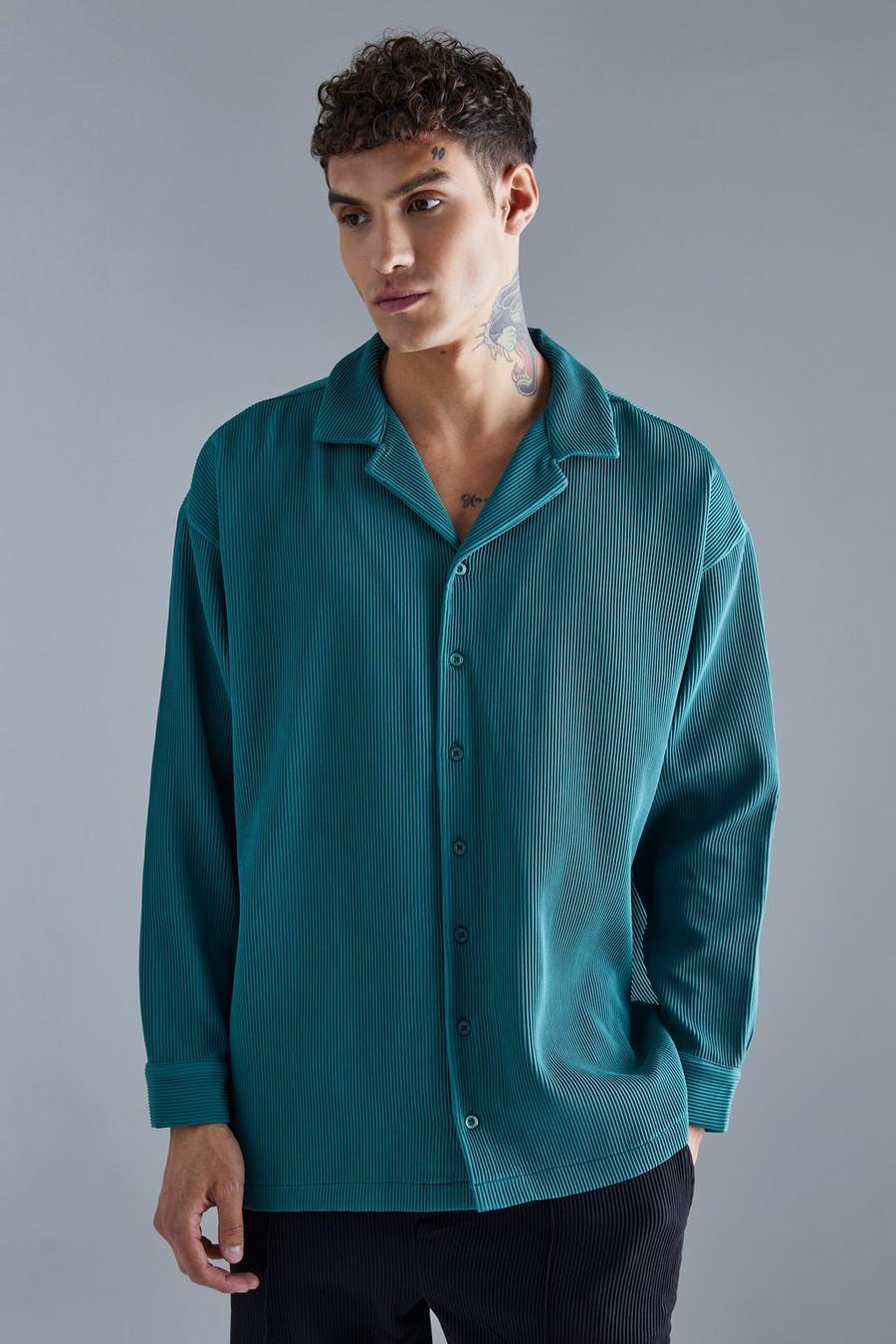 Khaki caqui Long Sleeve Oversized Revere Pleated Shirt image number 1