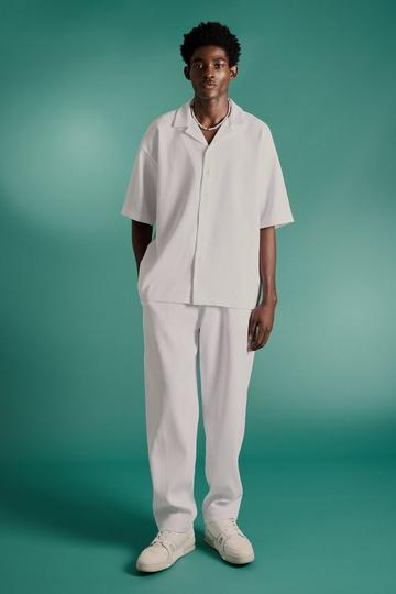 White Oversized Short Sleeve Pleated Shirt & Straight Pants