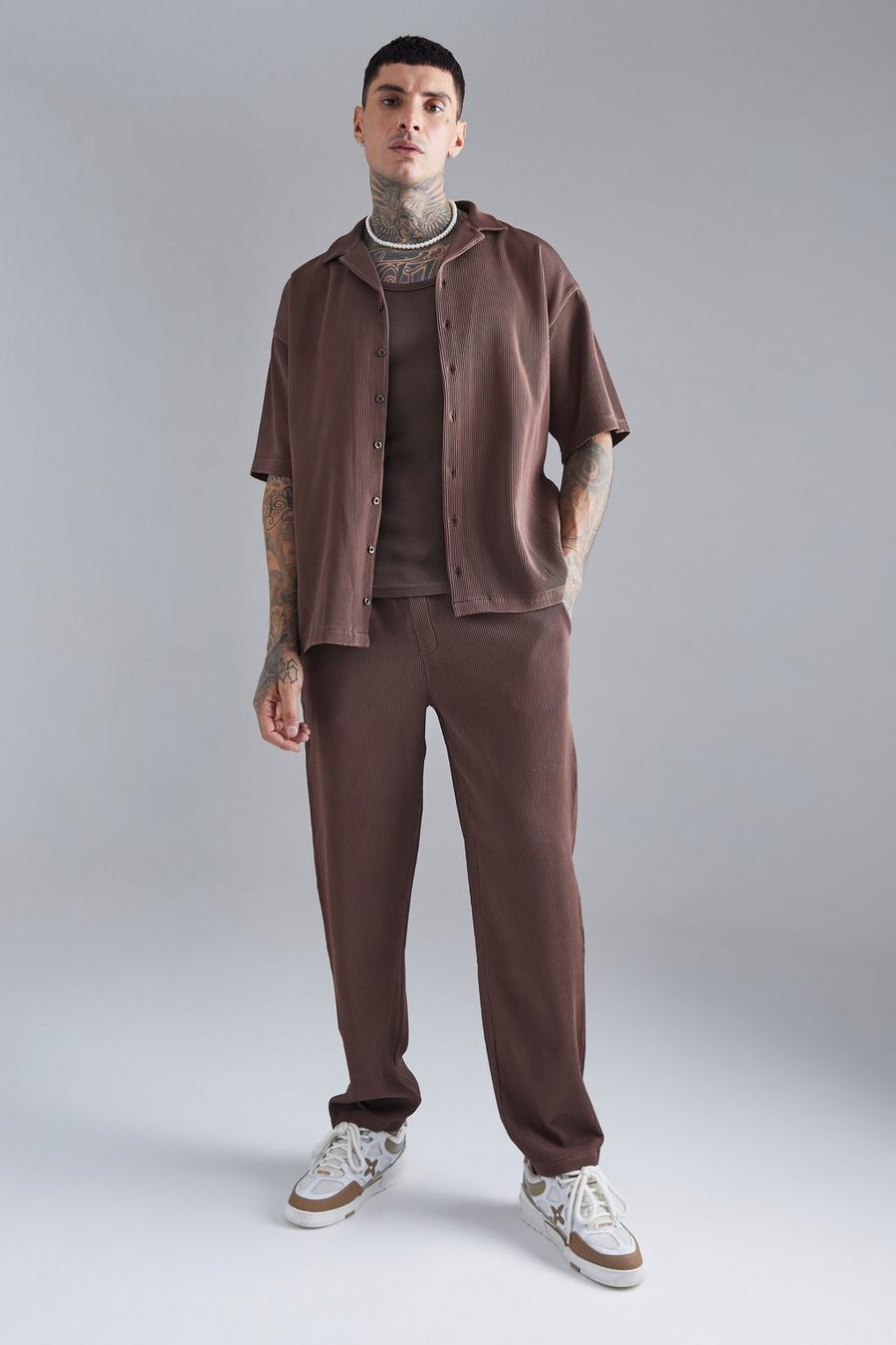 Chocolate Oversized Short Sleeve Pleated Shirt & Straight Trouser image number 1