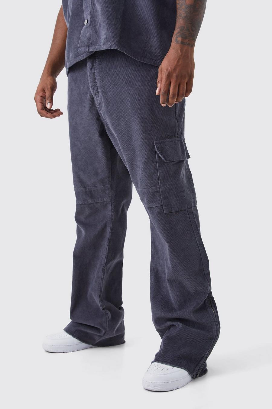 Pantaloni Cargo Plus Size a zampa Slim Fit in velluto a coste con inserti e zip, Charcoal
