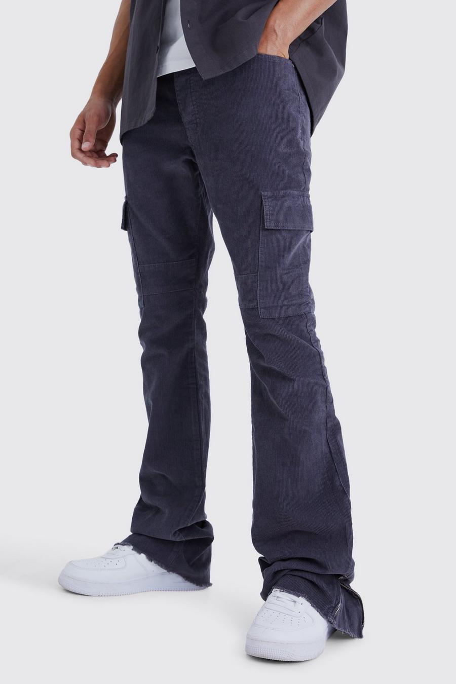 Pantaloni Cargo Tall a zampa Slim Fit in velluto a coste con inserti e zip, Charcoal