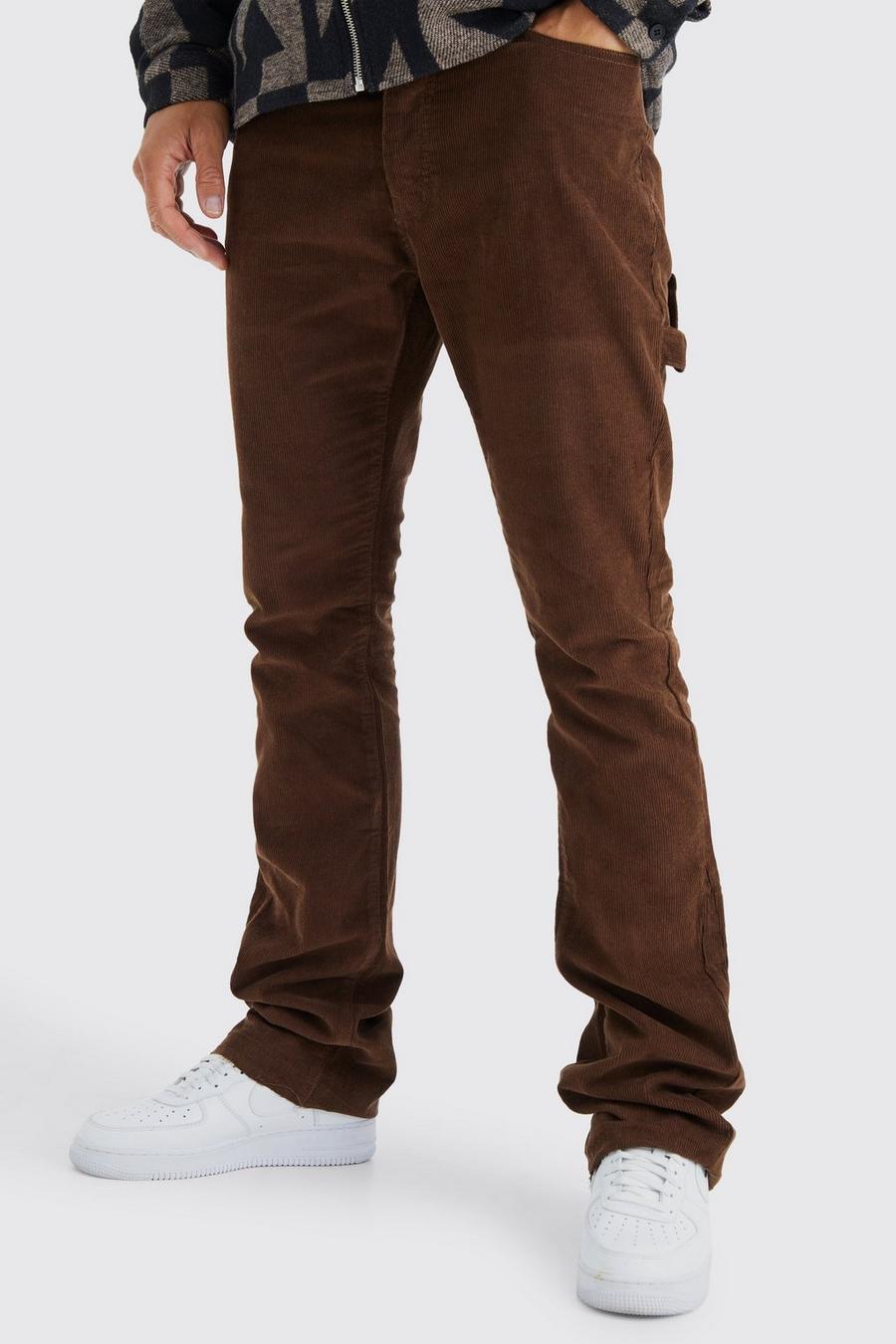 Pantalón Tall de pana ajustado con cintura fija y detalle de campana, Chocolate image number 1