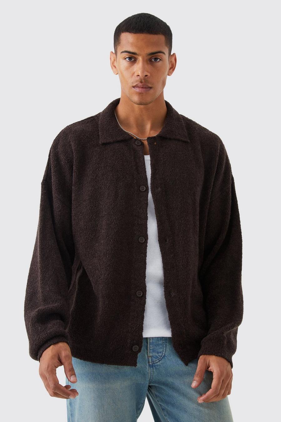 Brown Boxy Fit Brushed Knit Cardigan image number 1