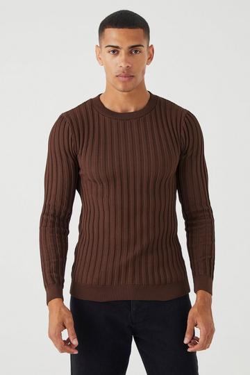 Muscle Fit Ribbed Long Sleeve Jumper brown