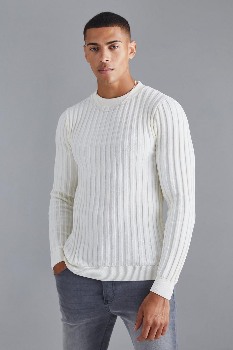 Ecru white Muscle Fit Ribbed Long Sleeve Jumper