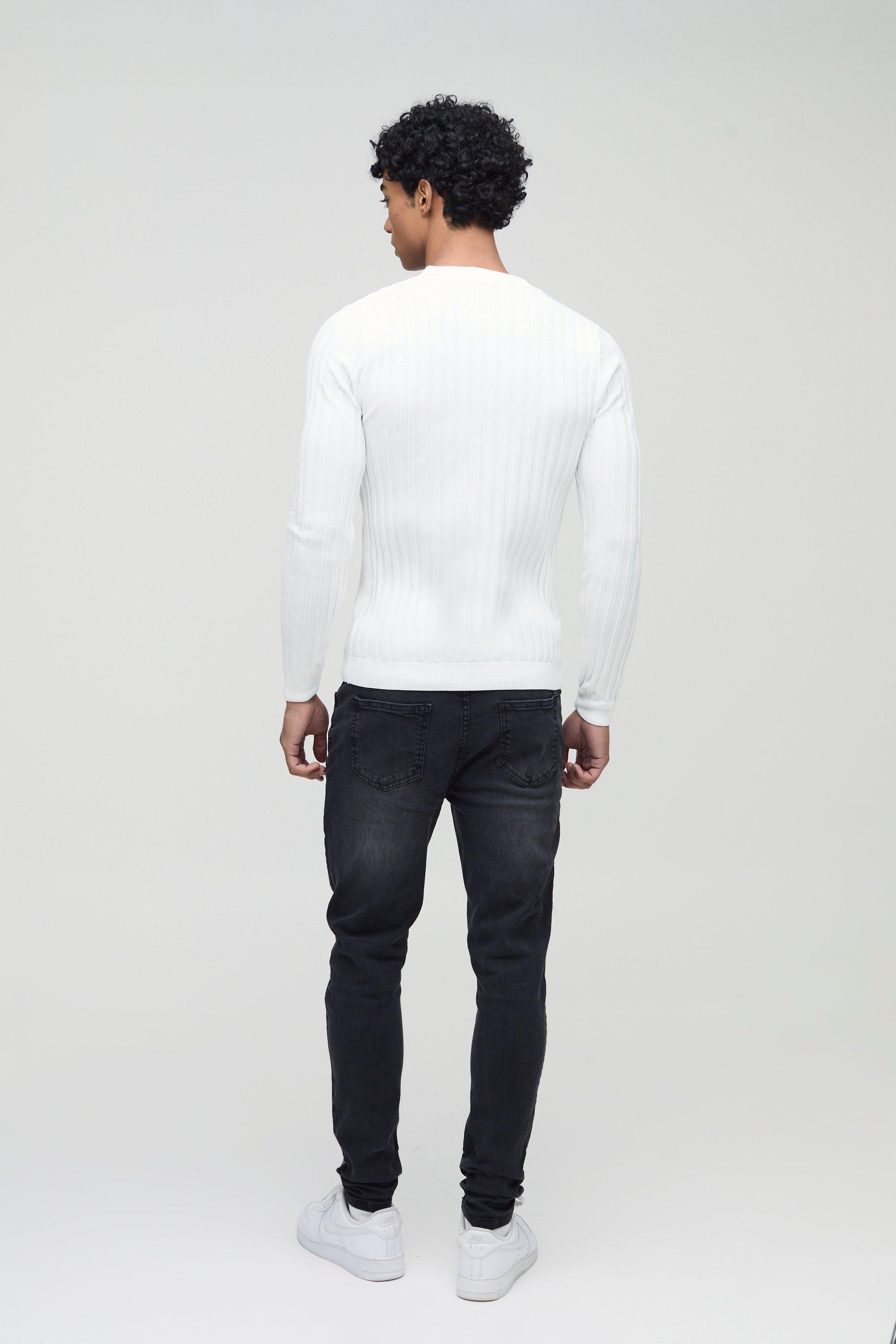 Men s Muscle Fit Ribbed Long Sleeve Jumper Boohoo UK