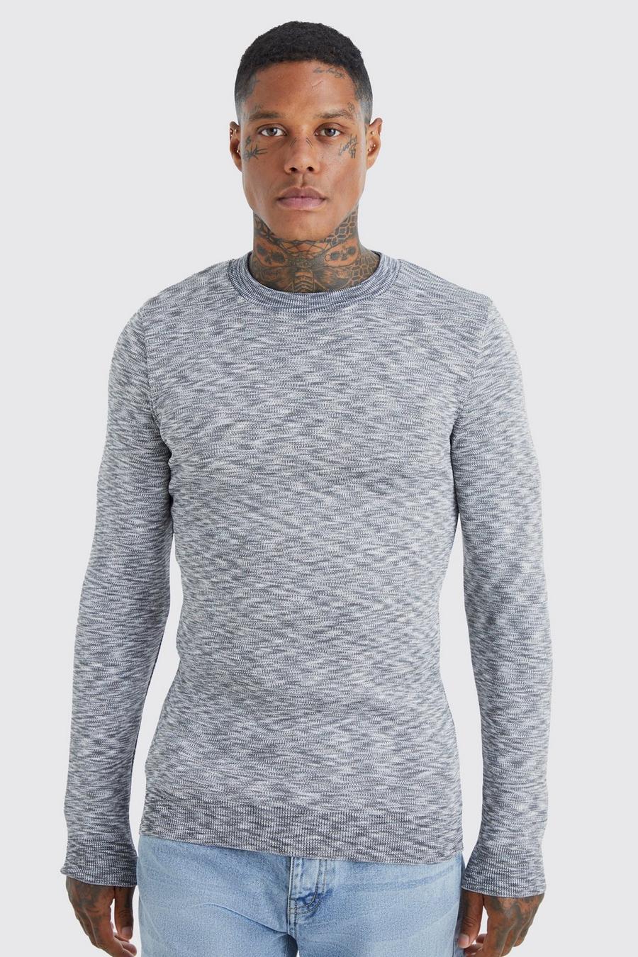 Tall langärmliger Muscle-Fit Space Dye Pullover, Grey image number 1