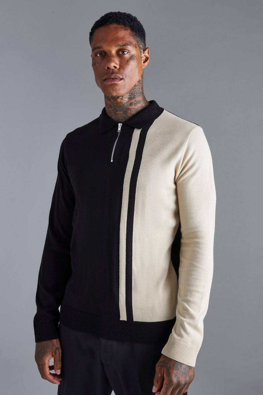 Black Long Sleeve Muscle Fit Colour Block Knit Polo