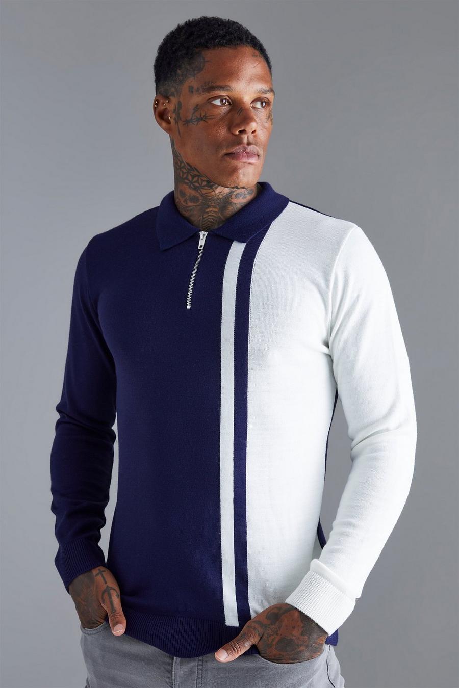 Navy Long Sleeve Muscle Fit Colour Block Knit Polo image number 1