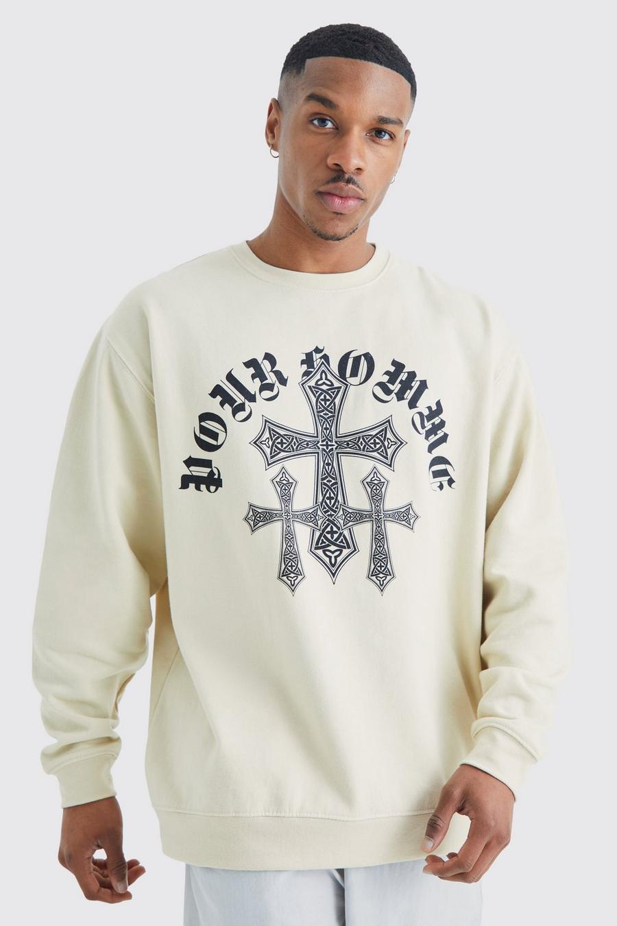 Oversize Sweatshirt mit Gothic Kreuz Print, Sand beige