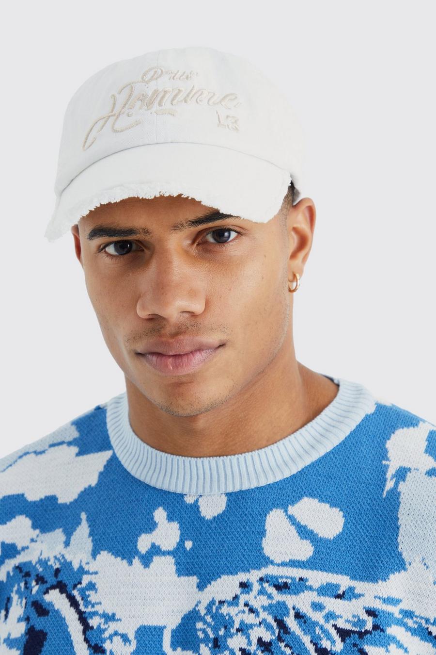 White bianco Distressed Homme Embroidered Cap