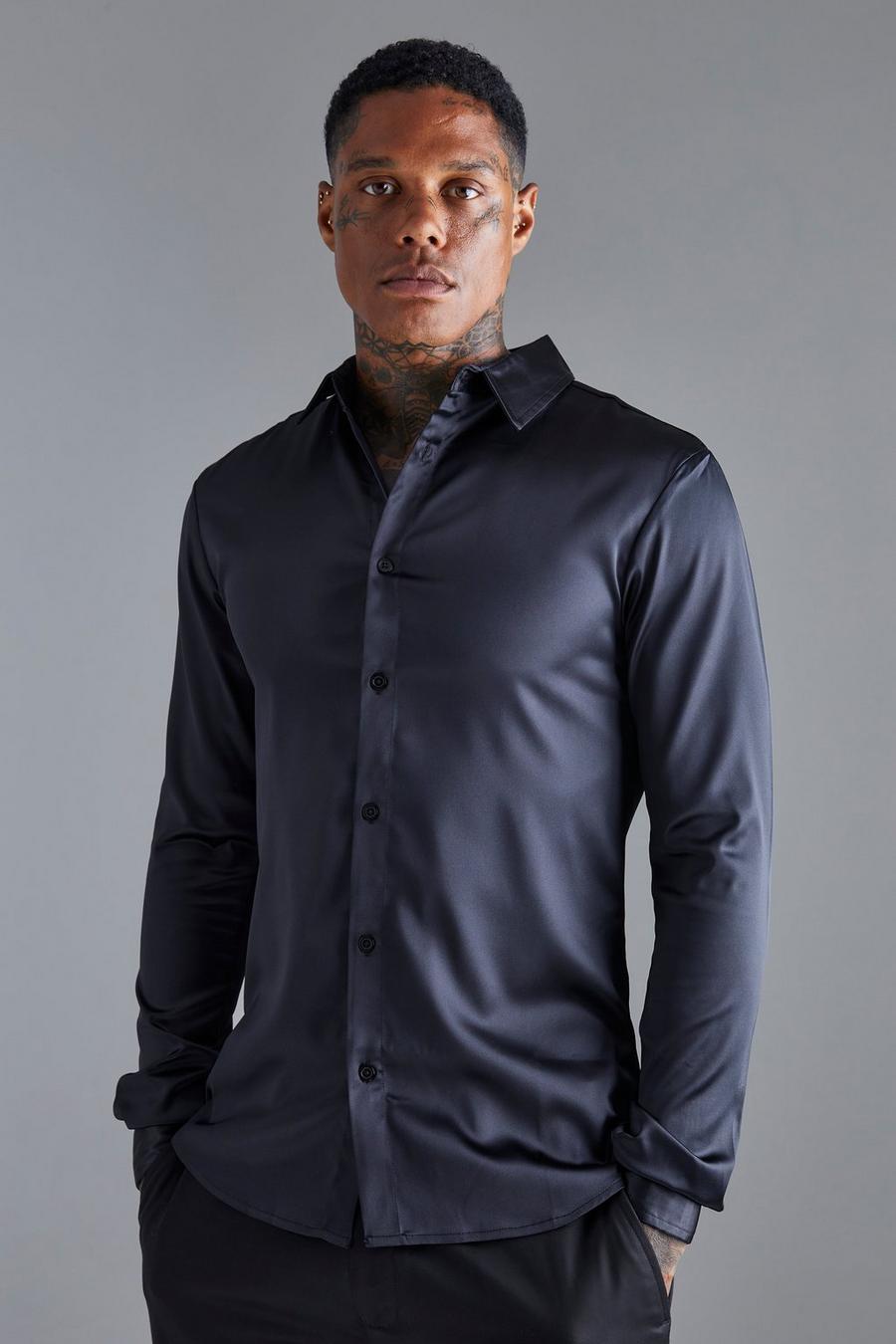 Camicia attillata a maniche lunghe in raso, Black image number 1