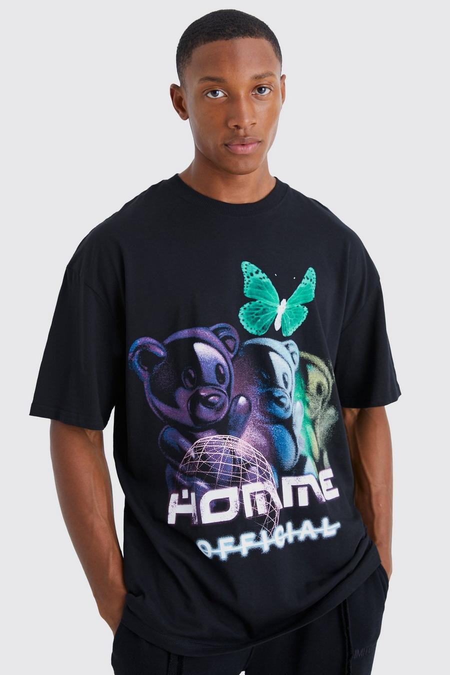 Black Oversized Teddy Butterfly Graphic T-shirt