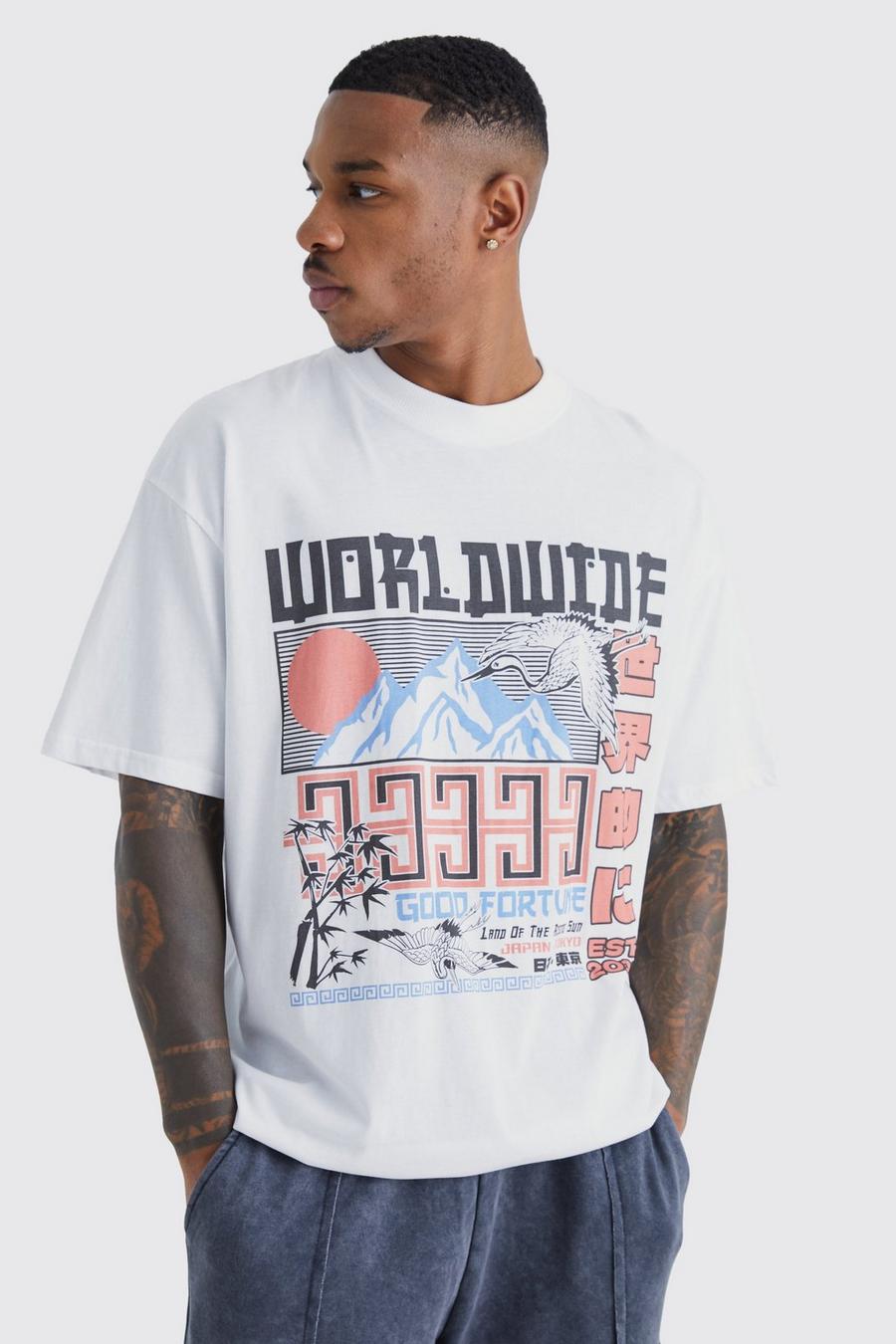 White Oversized Good Fortune T-Shirt Met Brede Nek