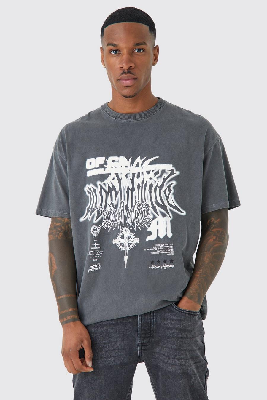 Charcoal grey Oversized Overdyed Gothic Graphic T-shirt